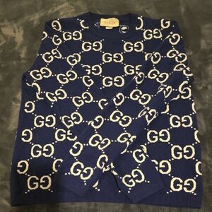 Gucci GG Monogram Navy Crewneck Sweater | Men’s Designer Knit | Size L